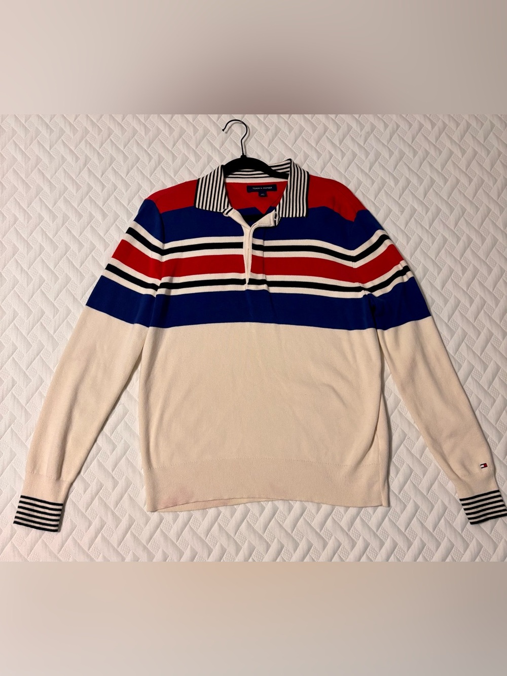 Tommy Hilfiger Men's Cream Sweater with Red and Blue Rugby Stripes